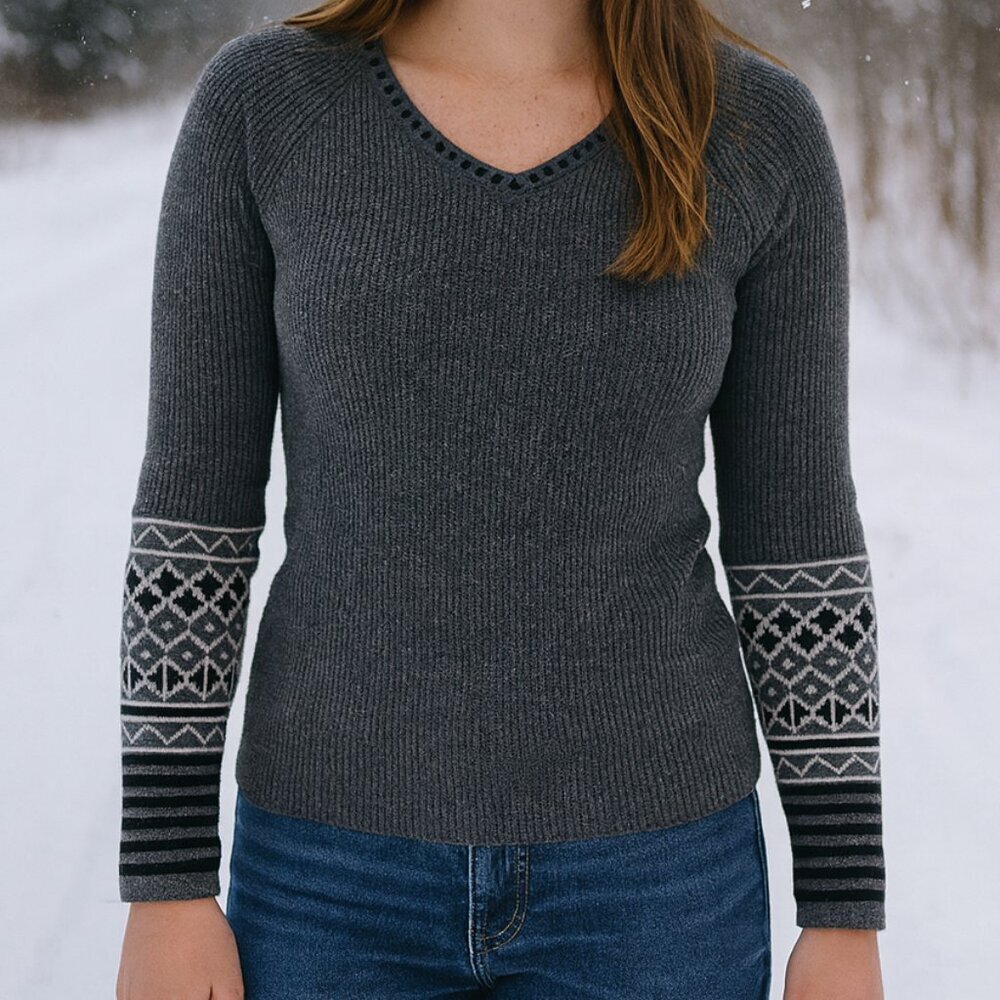 Krimson Klover Sweater VNeck Ski Alpine Fair Isle Waffle Knit Merino Wool Large
